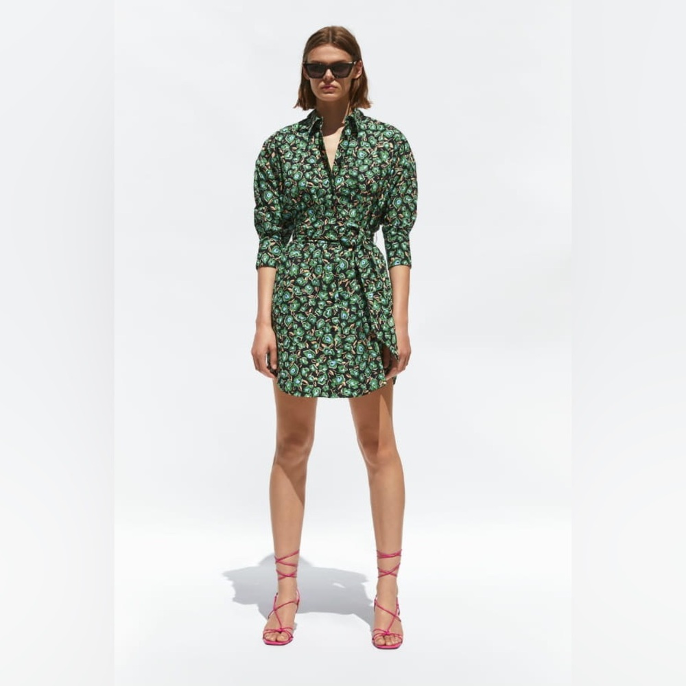 Zara XS Emerald Floral Belted Dress 100% Cotton